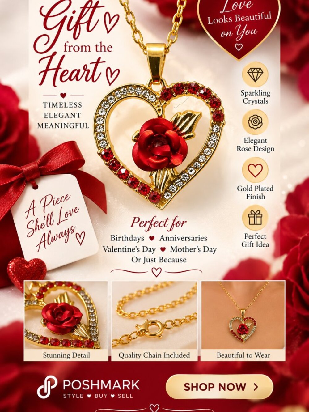 Gorgeous Gold-Plated Red & White Crystal Heart Necklace